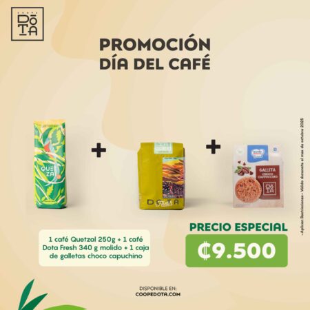 1 café Quetzal 250g + 1 café Dota Fresh 340 g molido + 1 caja de galletas choco capuchino - Promo Día del Café