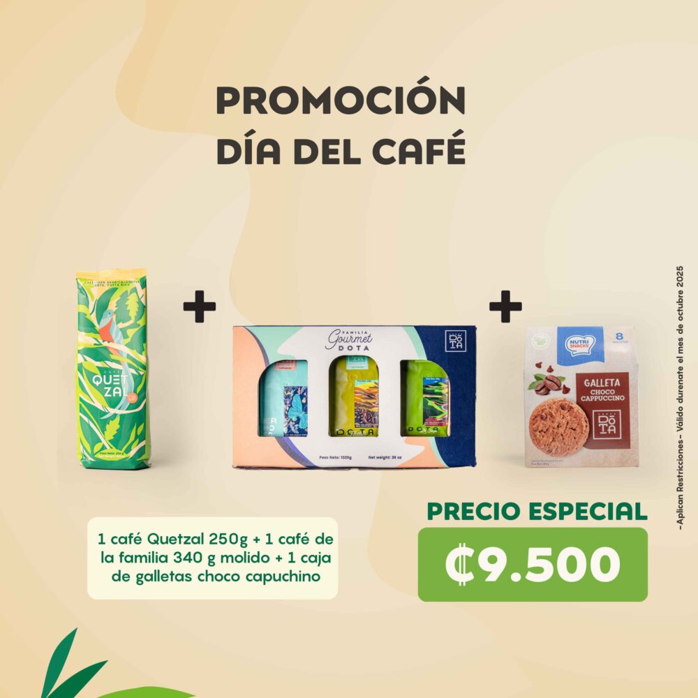 1 café Quetzal 250g + 1 café de la familia 340 g molido + 1 caja de galletas choco capuchino - Promo Día del Café